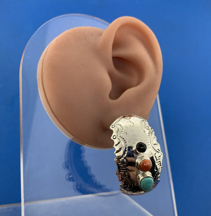 Designer 925 Sterling Silver Turquoise Coral Onyx Cocho Style Half Hoop Earrings