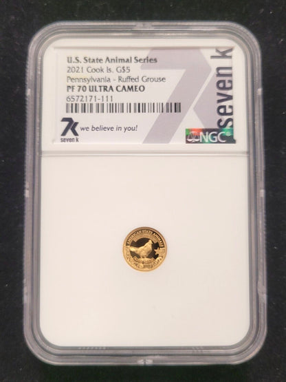 2021 $5 Cook Islands NGC PF70 Proof Cameo 1/2g .999 Gold Pennsylvania Grouse