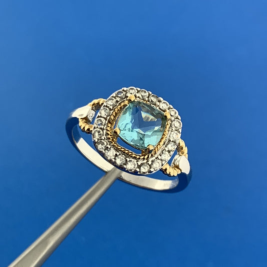 Designer Sterling Silver 925 Blue Topaz Cubic Zirconia Halo Engagement Ring