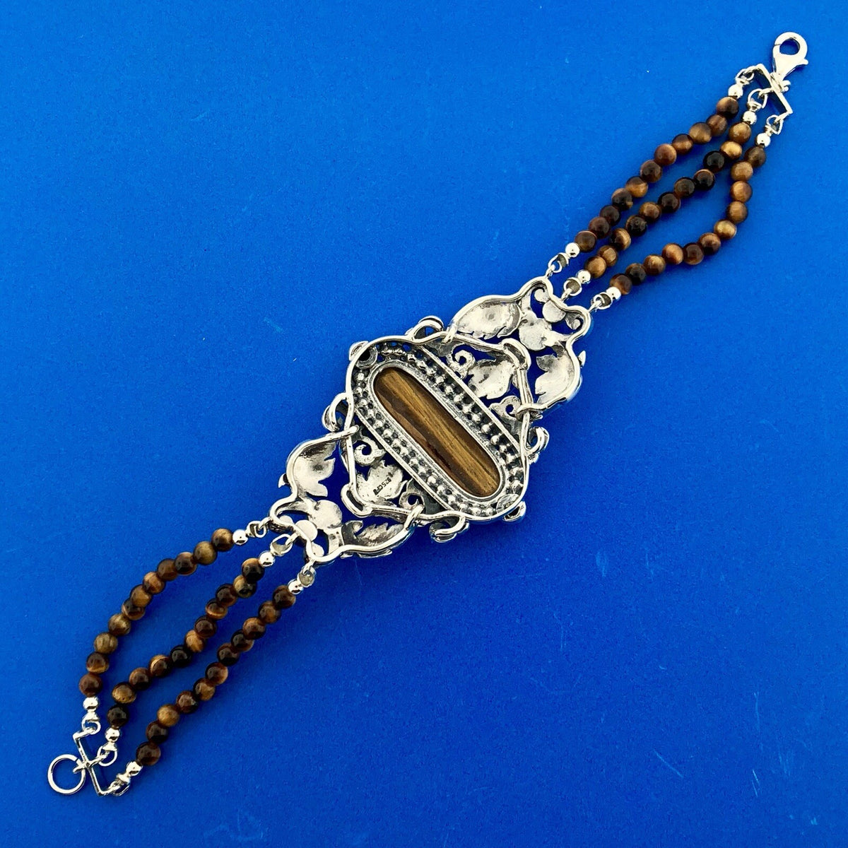 Retro 925 Sterling Silver Tiger Eye Beaded Open Scroll Work Statement Bracelet