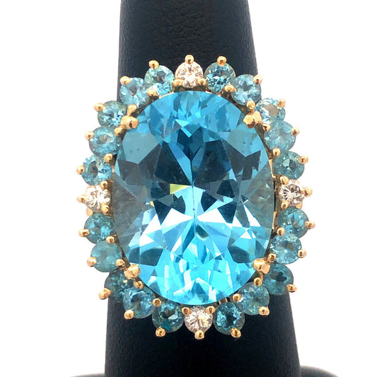 Designer 14k Yellow Gold Large Oval Blue Topaz Aquamarine Diamond Statement Ring