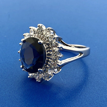 Sterling Silver 925 Blue White Cubic Zirconia CZ Statement Fashion Cocktail Ring