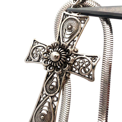 925 Sterling Silver Filigree Floral Cross Rope Chain Lariat Necklace
