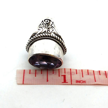 Vintage 925 Sterling Silver Oval Amethyst Floral Scroll Statement Ring