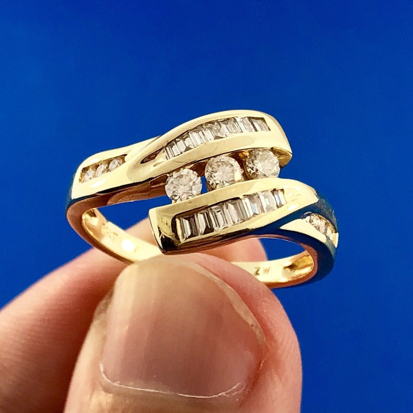 Retro Modernist 14K Yellow Gold Diamond Trio Accented Bypass Anniversary Ring