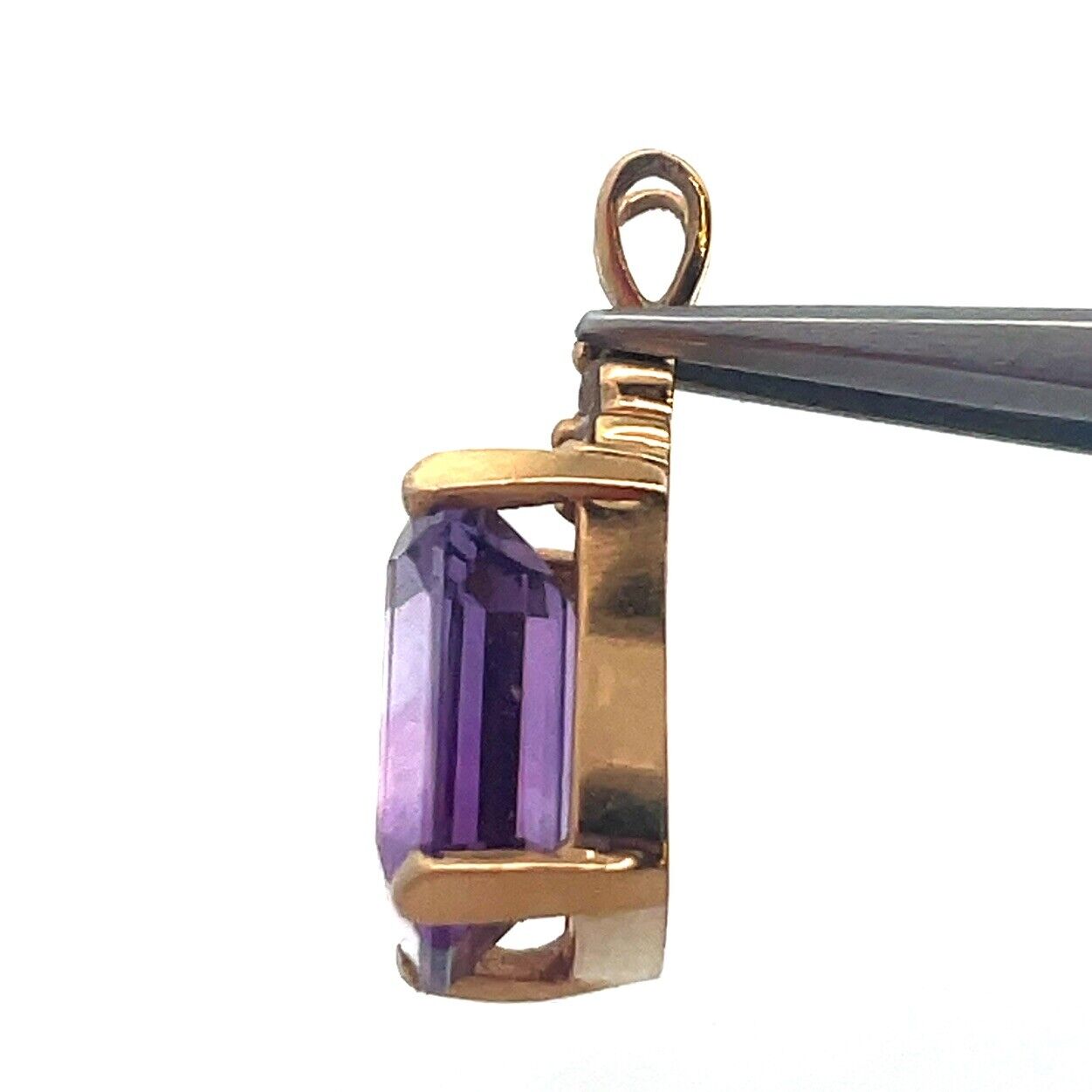 Vintage Designer 14K Yellow Gold Emerald Cut Amethyst Diamond Accent Pendant