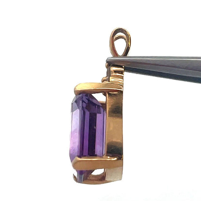 Vintage Designer 14K Yellow Gold Emerald Cut Amethyst Diamond Accent Pendant
