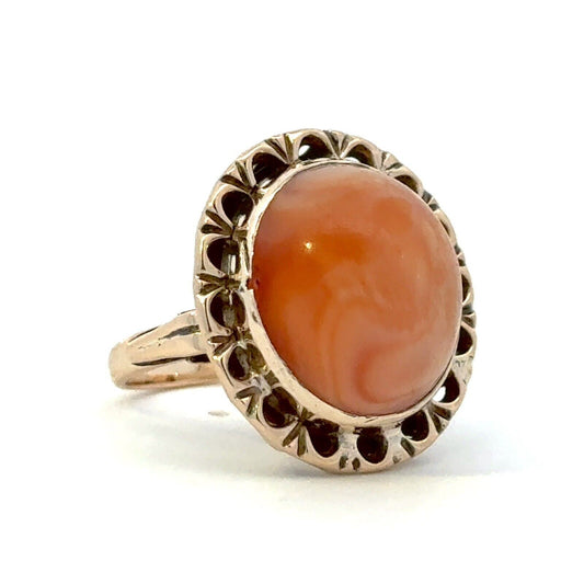 Vintage 14K Yellow Gold Oval Cabochon Orange Mexican Fire Opal Cocktail Ring