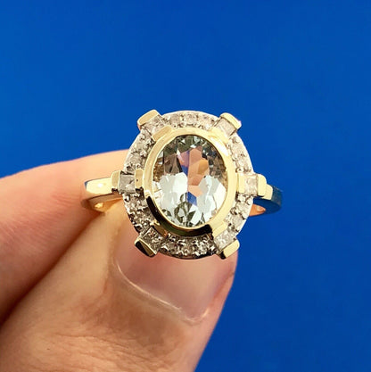 Designer 10K Yellow Gold Aquamarine Diamond Halo March Birthday Anniversary Ring