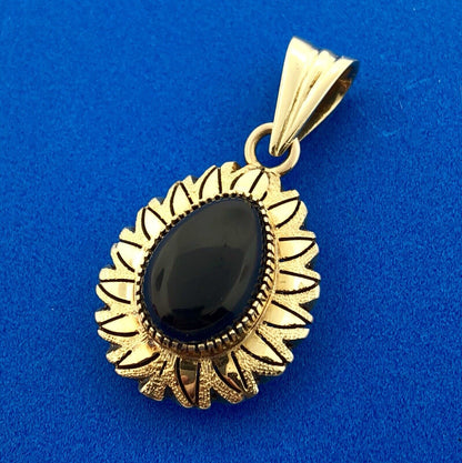 Vintage Mexico 14k Yellow Gold Black Onyx Pear Aztec Sunburst Drop Pendant