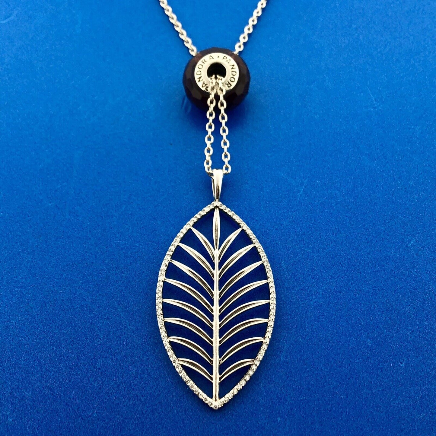 PANDORA 925 Sterling Silver CZ Light As A Feather Necklace w/Murano Glass Charm