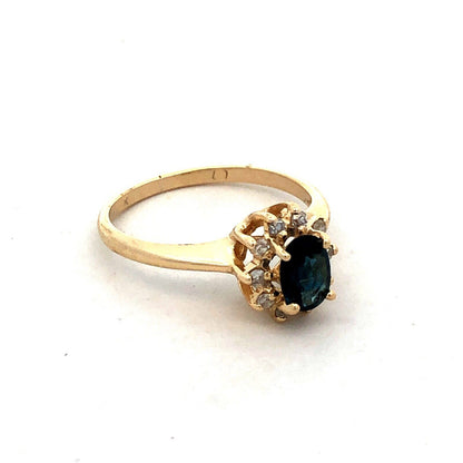 Estate 14K Yellow Gold London Blue Topaz Diamond Halo Cocktail Anniversary Ring