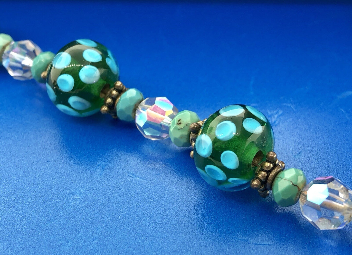 Vintage 925 Sterling Silver Turquoise Art Glass Crystal Bead Toggle Bracelet