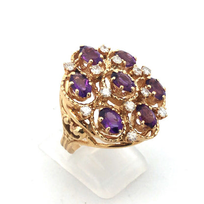 Vintage 14K Yellow Gold Amethyst Diamond Statement Anniversary Cocktail Ring
