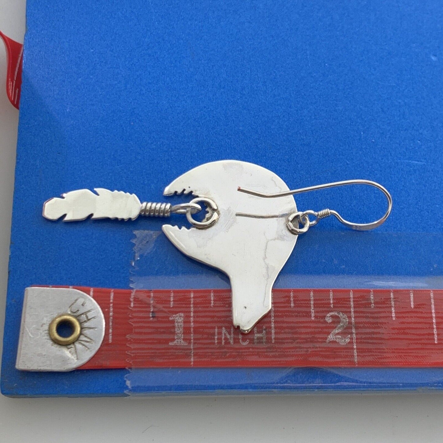 Native American Sterling Silver Concho Bear Feather Drop Storyteller Earrings