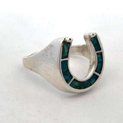 Vintage 925 Sterling Silver Turquoise Inlay Horseshoe Statement Unisex Ring