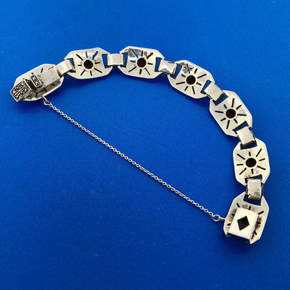 Stunning Sterling Silver 925 Garnet Marcasite Panel Link 6.75" Tennis Bracelet