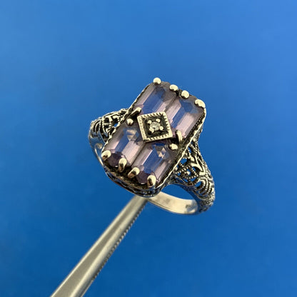 Designer Sterling Silver 925 Hexagon Amethyst Diamond Accent Ring Size 6.75