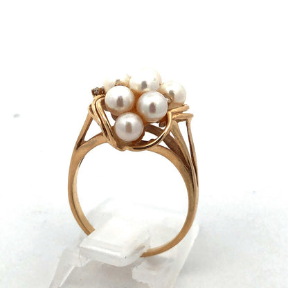 Designer 14K Yellow Gold Pearl Diamond Accented Modernist Cluster Cocktail Ring