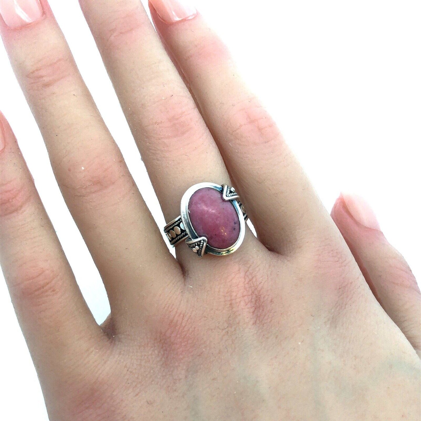 Designer BA Suarti 925 Sterling Silver Oval Pink Jasper Cabochon Solitaire Ring