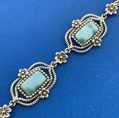Designer 925 Sterling Silver Larimar Balinese Floral Panel Toggle Bracelet