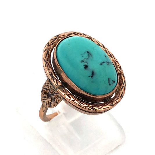 Old Pawn Native American 10K Yellow Gold Oval Turquoise Cabochon Dome Ring