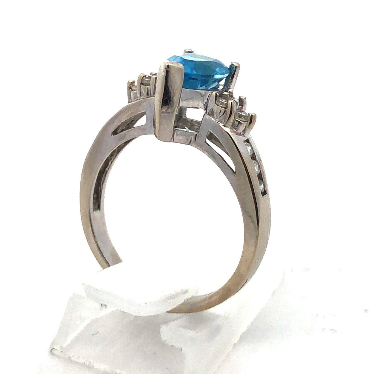 Designer 14K White Gold Pear Blue Topaz Round Diamond Engagement Size 7 Ring