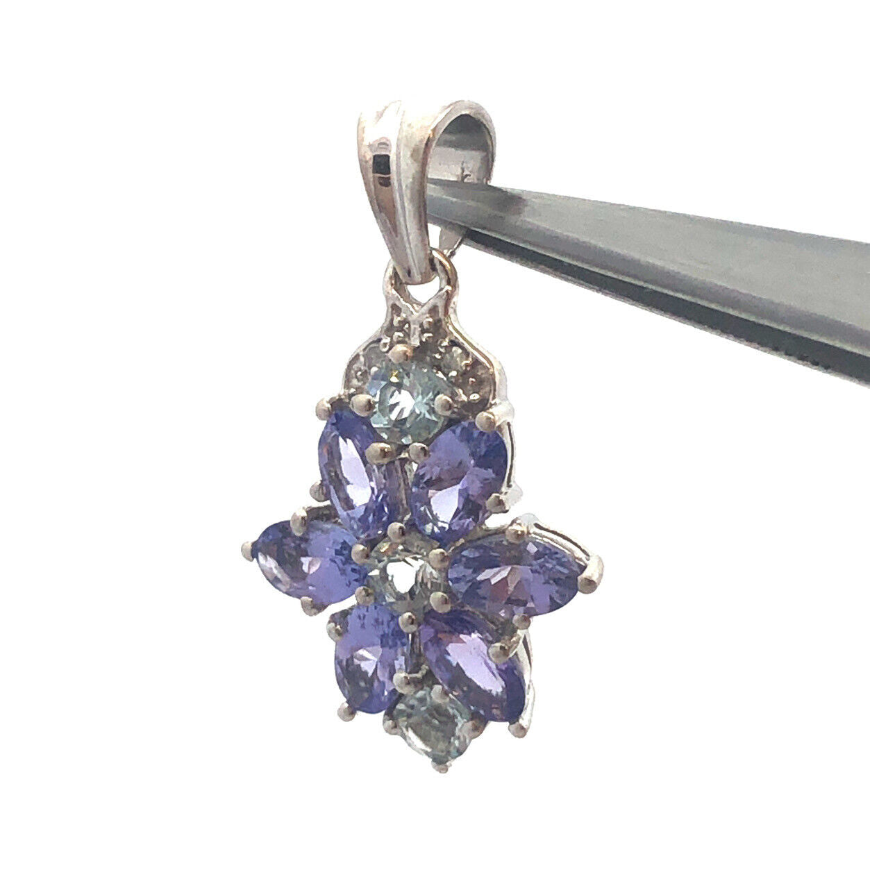 TGGC 925 Sterling Silver Oval Tanzanite Blue Tourmaline Diamond Flower Pendant