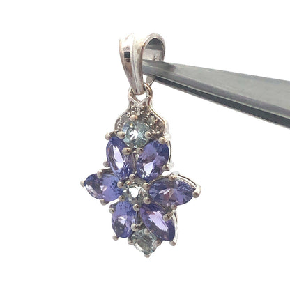 TGGC 925 Sterling Silver Oval Tanzanite Blue Tourmaline Diamond Flower Pendant