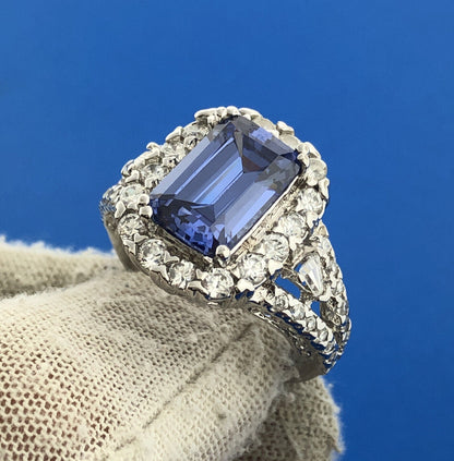 Dramatic 925 Sterling Silver Rectangle Blue Tourmaline CZ Accent Statement Ring