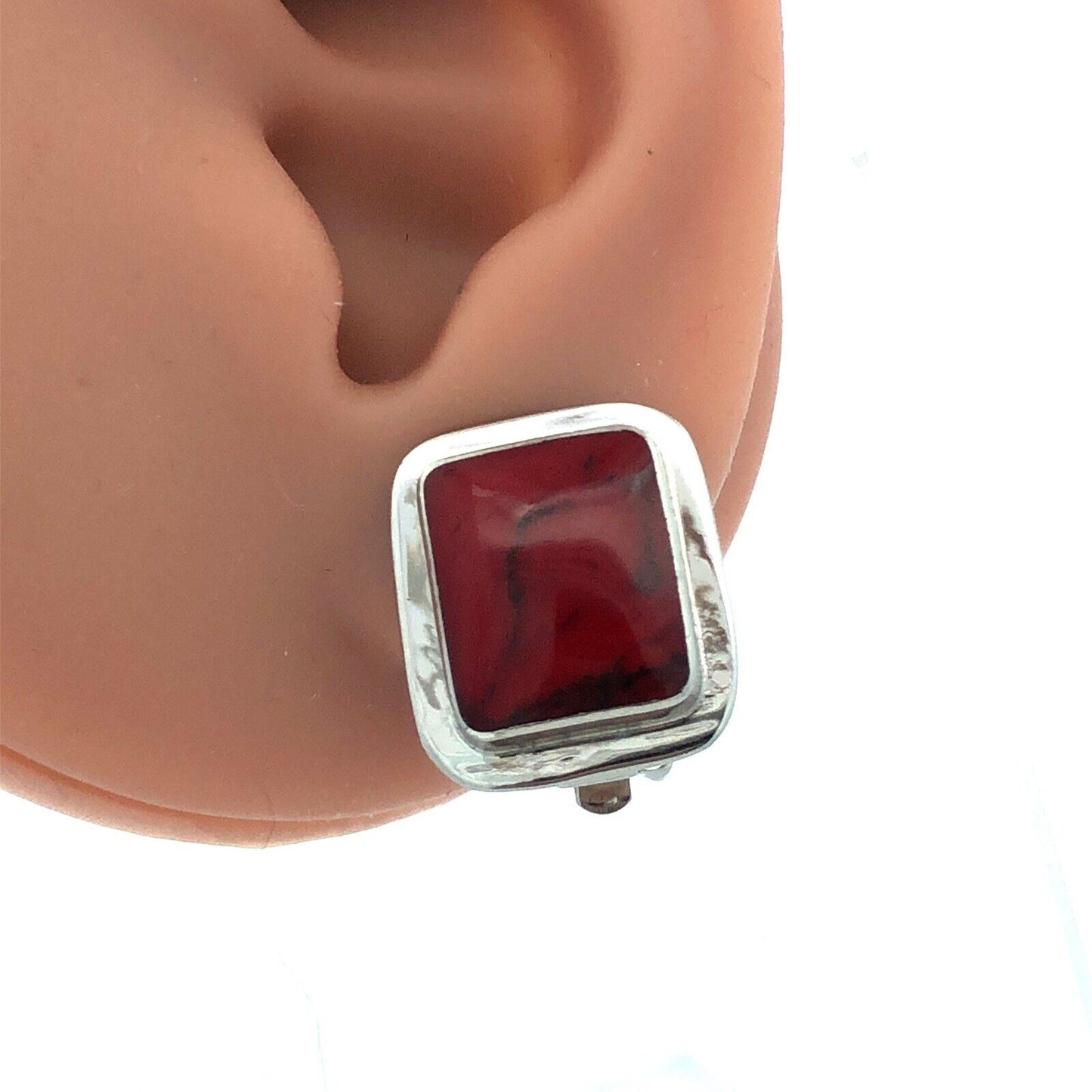 Designer Mexico Sterling Silver Brecciated Red Jasper Rectangle Clip Earrings