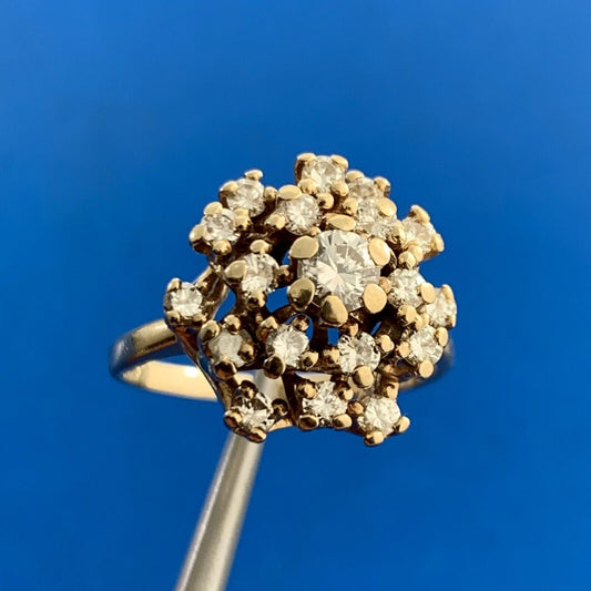 Vintage 14K Yellow Gold Diamond Cluster Tiered Dome Cocktail Ring
