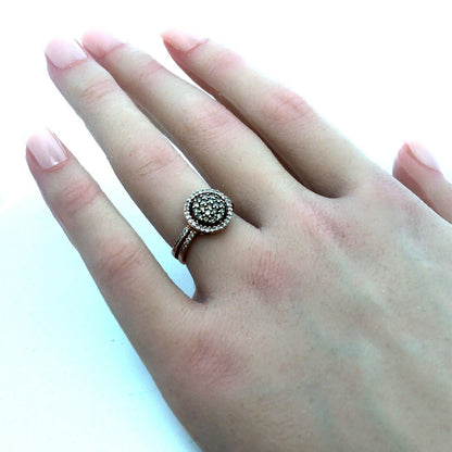 Estate 14K Rose Gold Round Chocolate Diamond Pave Cluster Halo Cocktail Ring