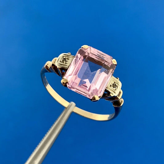 Art Deco 10K Yellow White Gold Pink Solitaire Center Diamond Accent Ring