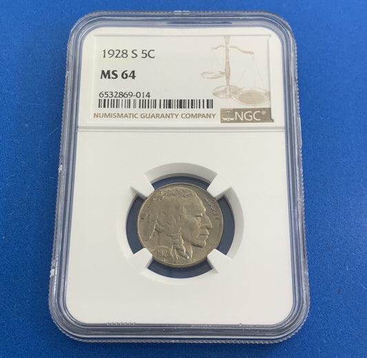 1928 S San Francisco 5c Buffalo Nickel NGC MS 64 Better Date American Coin