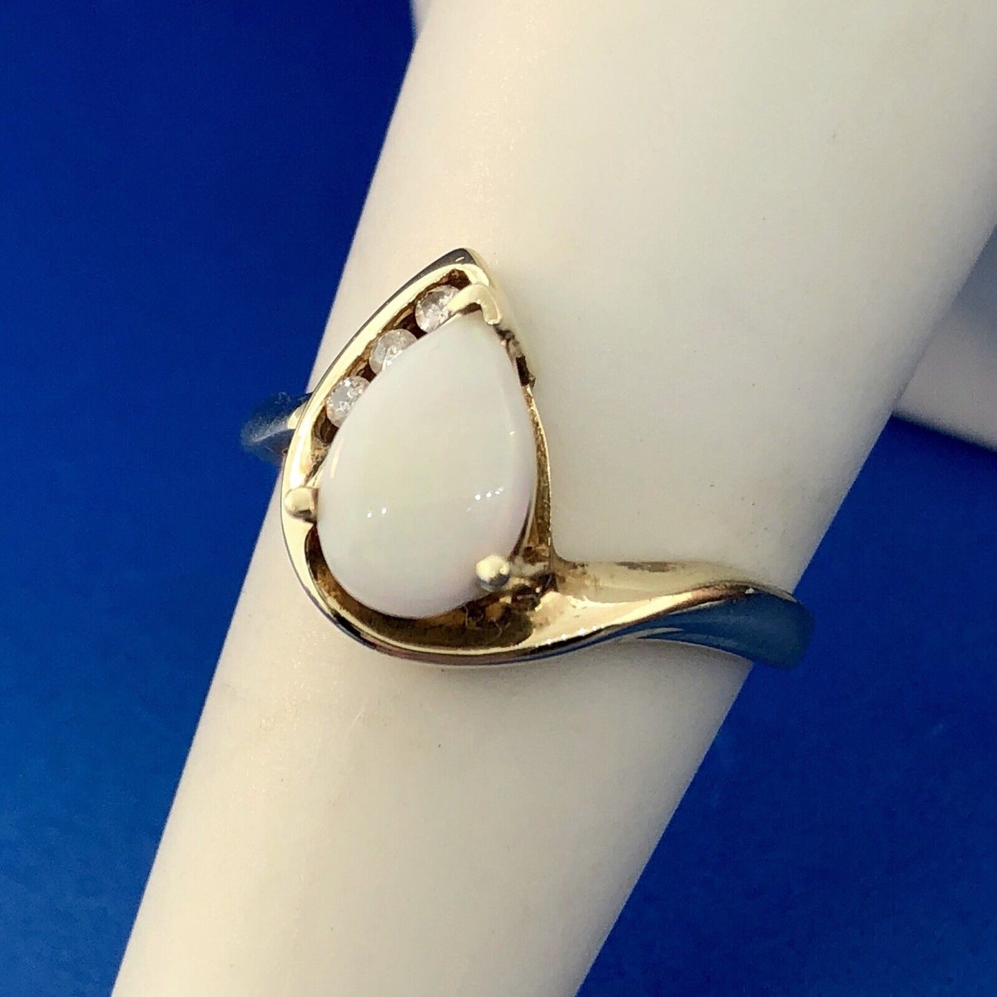 Designer 10K Yellow Gold Opal Diamond Modernist Bypass October Occasion Ring