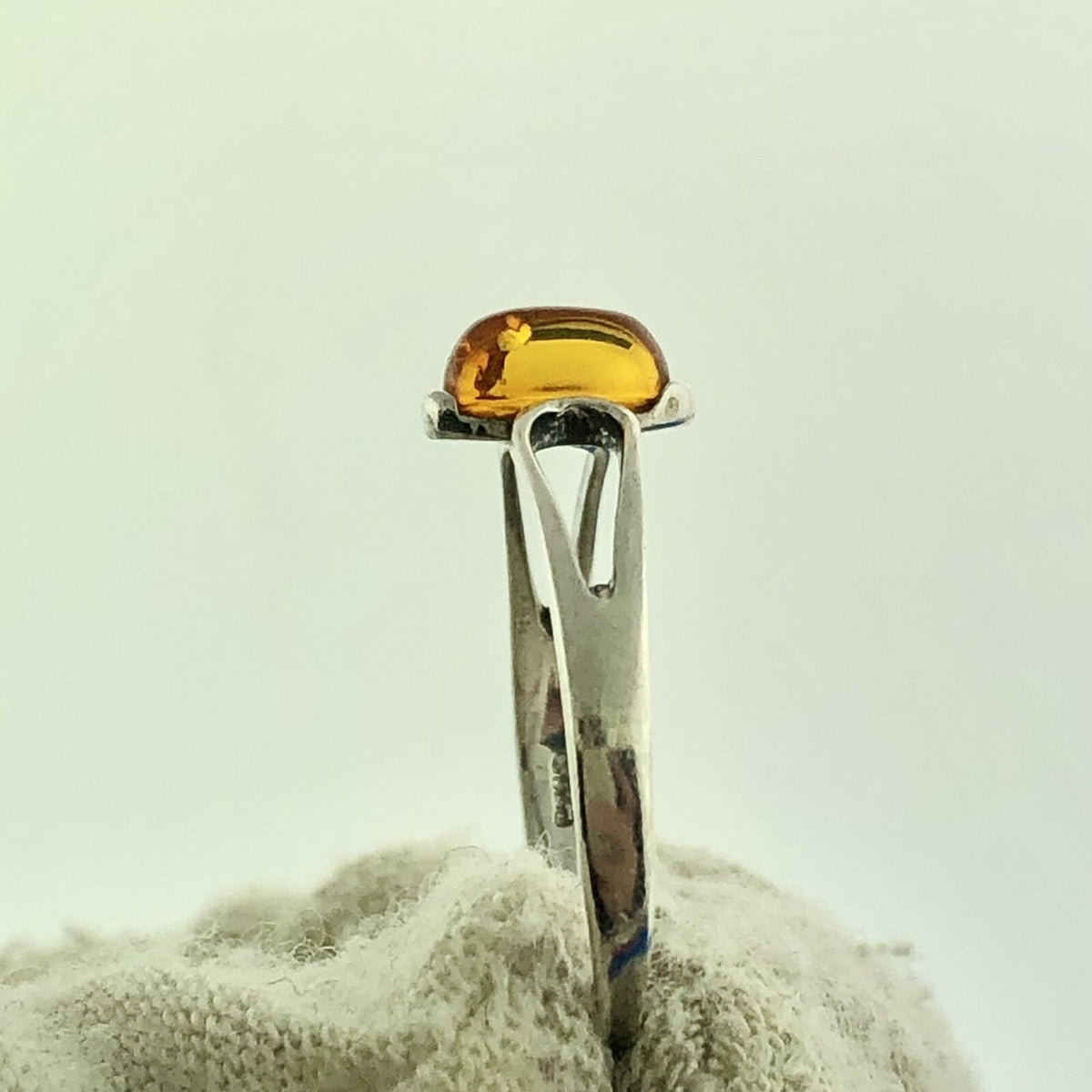 Modernist 925 Sterling Silver Oval Amber Cabochon Ring