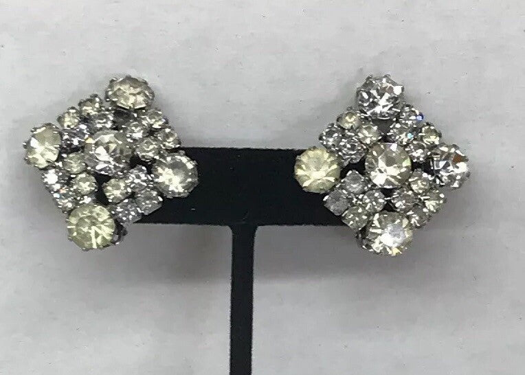 Vintage Signed Weiss Paste Rhinestone Square Shaped Silver Tone Clip Earrings