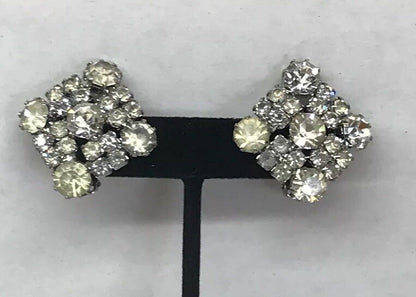 Vintage Signed Weiss Paste Rhinestone Square Shaped Silver Tone Clip Earrings