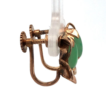 Vintage 14K Yellow Gold Pear Green Jade Cabochon Floral Screw Back Earrings