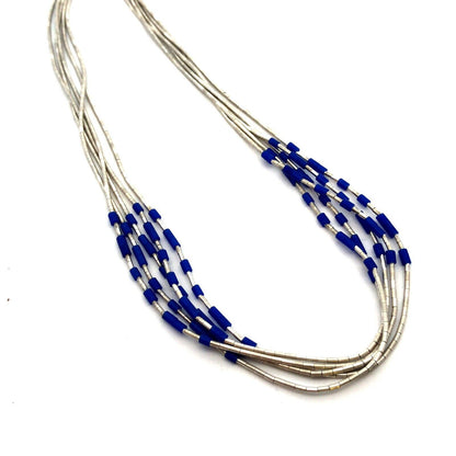 Vintage Sterling Silver Blue Lapis Lazuli Beaded 5-Strand Liquid Silver Necklace