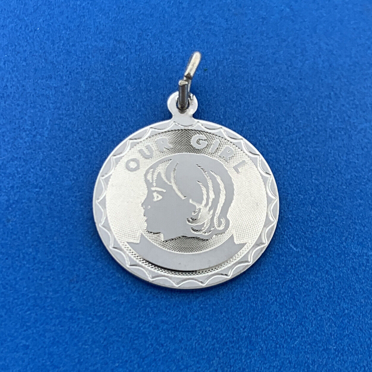 Vintage 925 Sterling Silver Our Girl Textured Engravable Bracelet Circle Charm