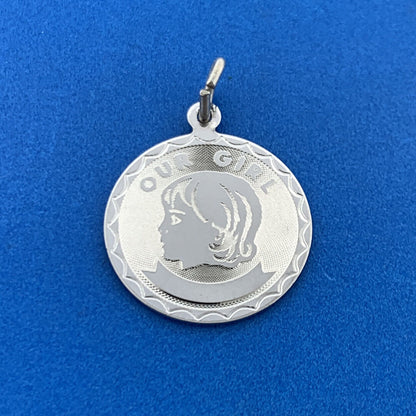 Vintage 925 Sterling Silver Our Girl Textured Engravable Bracelet Circle Charm