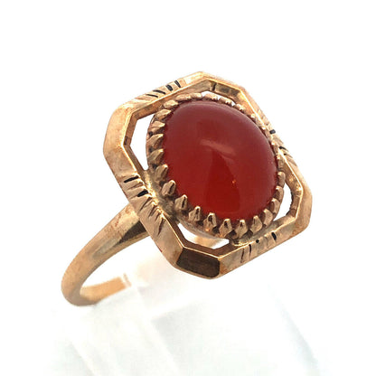 Vintage Designer 10K Yellow Gold Oval Red Carnelian Cabochon Ring
