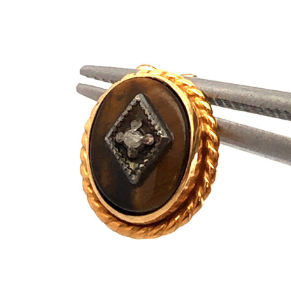 Vintage 14K Yellow Gold Oval Tigers Eye Diamond Accented Stud Earrings