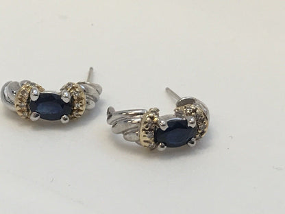 Stunning 14K White Yellow Gold Oval Sapphire Diamond Half Hoop Earrings