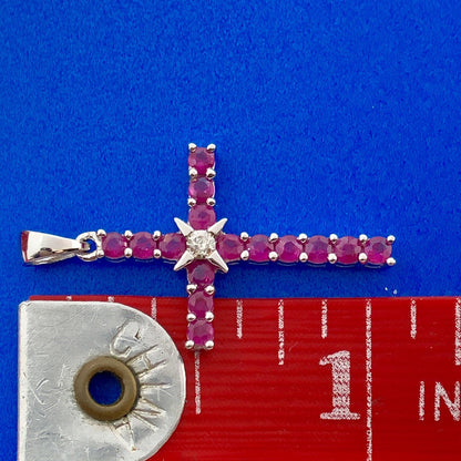 14K White Gold Ruby Diamond Cross Religious Communion Wedding July Pendant
