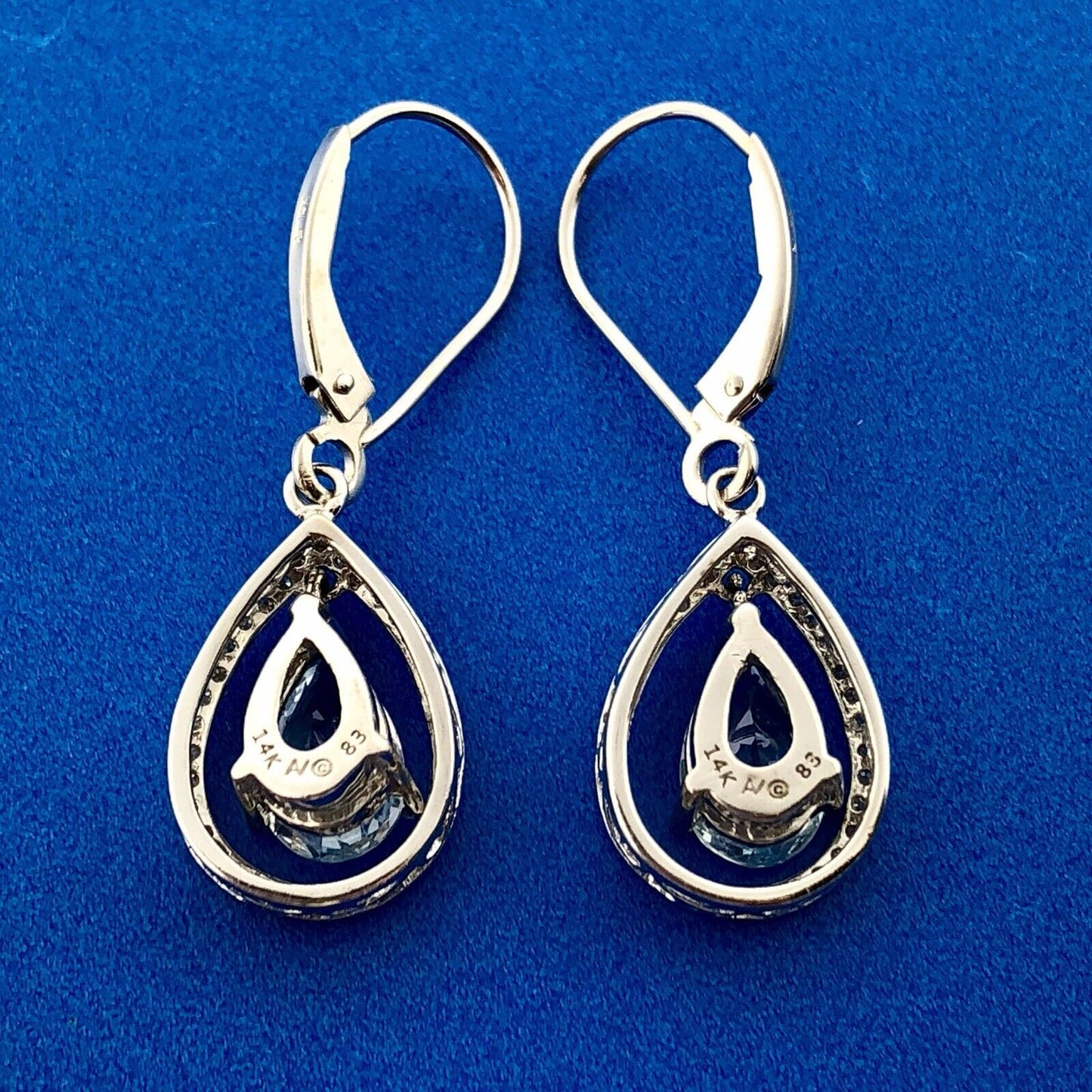 14k White Gold Pear Blue Topaz with Pave Diamond Halo Drop Dangle Earrings