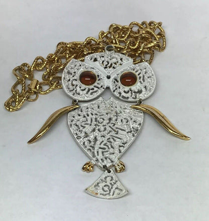 Park Lane Amber Eyes White Enamel Filigree 3D Owl Gold Tone Statement Necklace