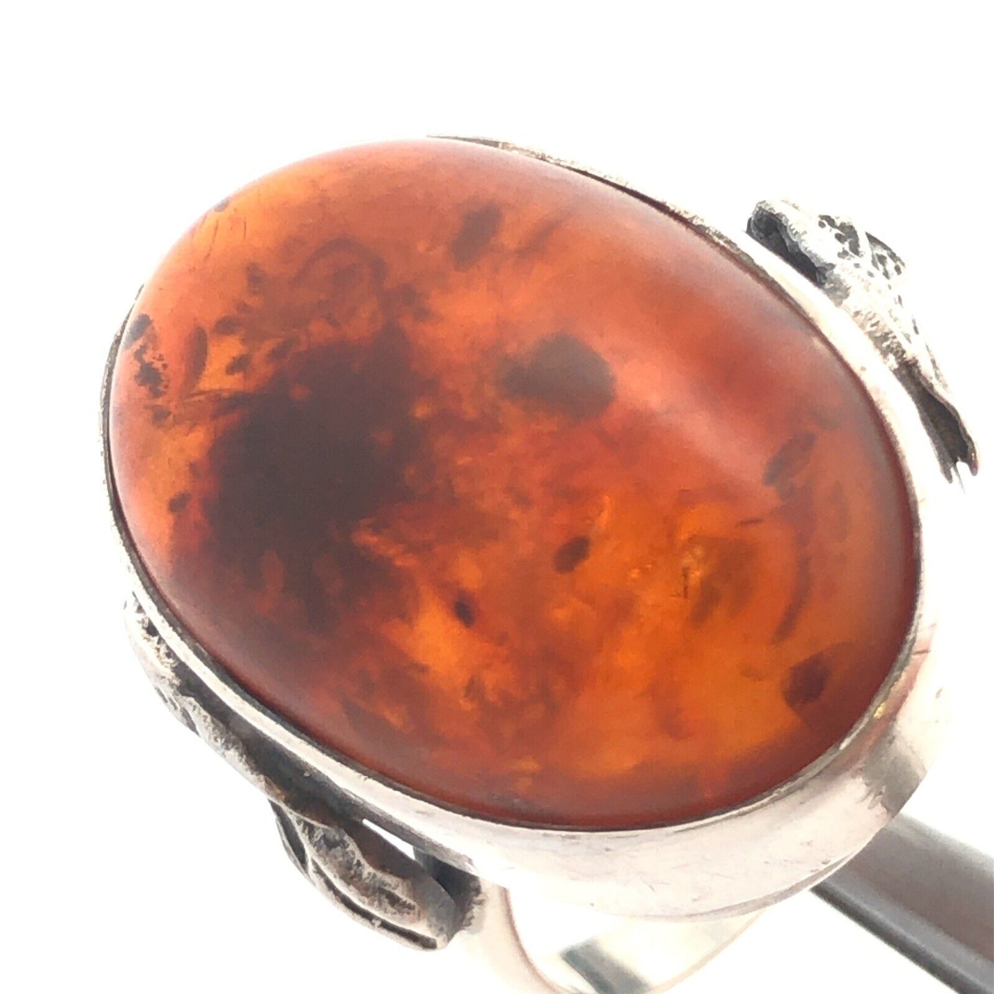925 Sterling Silver Vintage Oval Cabochon Amber Leaves Nature Statement Ring
